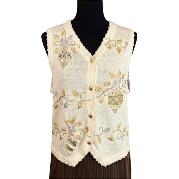 Vintage Arriviste Ugly Christmas Sweater Vest Adorned w. Silver & Gold Medium - Picture 8 of 14